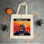 Custom Halloween Trick or Treat Haunted House Tote Bag<br><div class="desc">Customize this cute trick or treat Halloween tote bag with your child’s name. Illustration is fun haunted house illustration. Great bag that can be used for many Halloween’s to come! Other tote bag sizes,  colors,  and styles available in this design. More fun Halloween stuff in our online Zazzle.com/indiedarlingdesign</div>