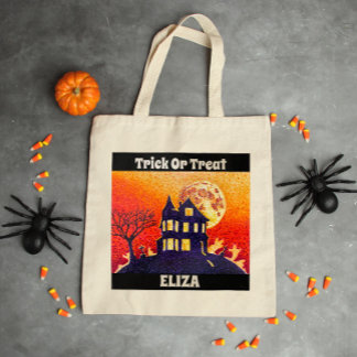 Custom Halloween Trick or Treat Haunted House Tote Bag