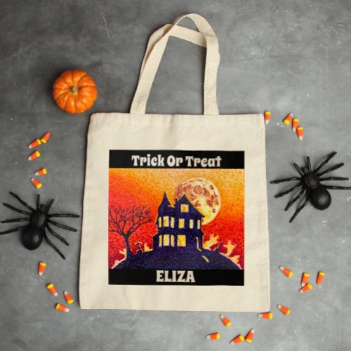 Custom Halloween Trick or Treat Haunted House Tote Bag