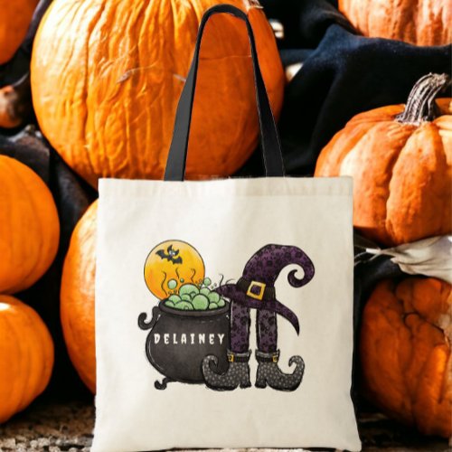 Custom Halloween Trick or Treat Witch Bat Cauldron Tote Bag