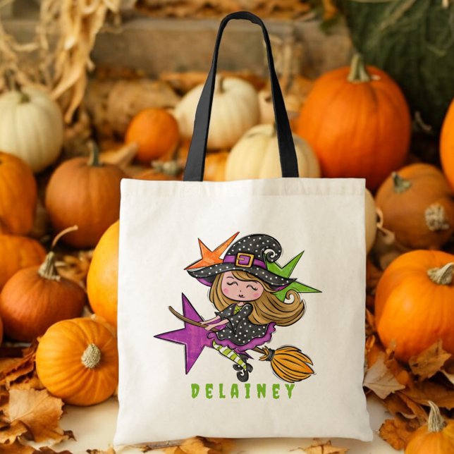 Custom Halloween Trick or Treat Witch White Stars Tote Bag (Creator Uploaded)
