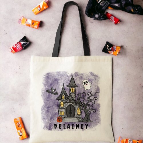 Custom Halloween Trick Treat Haunted House Purple Tote Bag