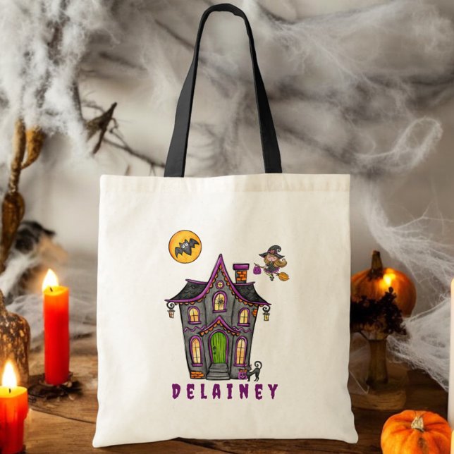 Custom Halloween Trick Treat Haunted House Witch Tote Bag (Creator Uploaded)