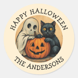 Custom Halloween Vintage Ghost Black Cat Pumpkin   Classic Round Sticker