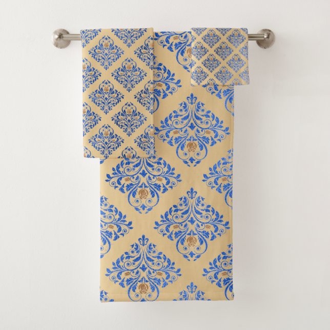 CUSTOM HAMPTON BLUE GOLD BATHROOM TOWEL SET (Insitu)
