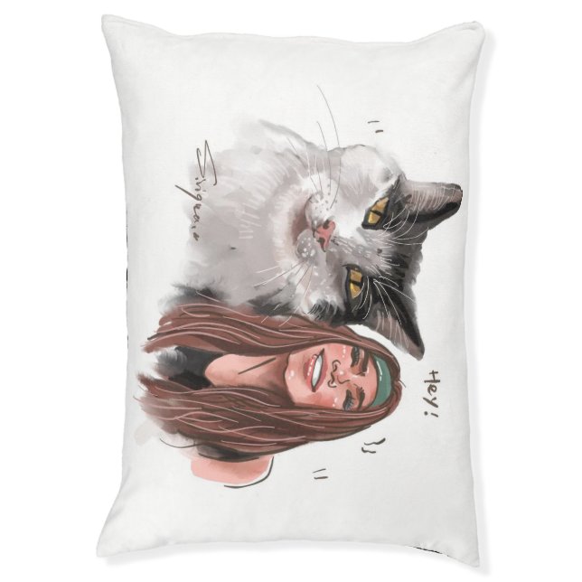 Custom Hand - Drawn Cat & Human Pillow (Front Vertical)