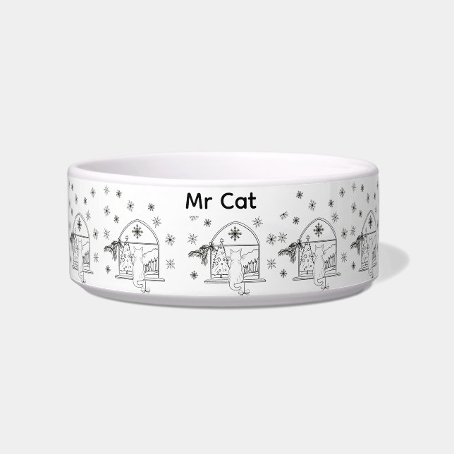 Custom hand drawn festive Christmas Holiday Cat Bowl (Front)