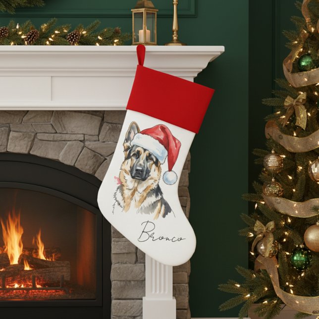 Custom Hand Drawn German Shepherd Christmas Pet Stocking (Hang a special stocking for your furry friend by the fireplace! )