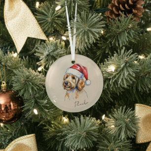 Custom Hand Drawn Golden Doodle Portrait and Name Glass Ornament