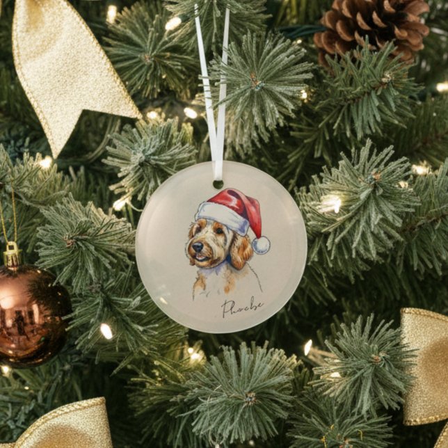 Custom Hand Drawn Golden Doodle Portrait and Name Glass Ornament (Add a special touch to your Christmas tree with this custom pet portrait ornament!)