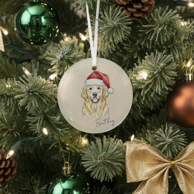 Custom Hand Drawn Golden Retriever Portrait  Glass Ornament (Add a special touch to your Christmas tree with this custom pet portrait ornament! )