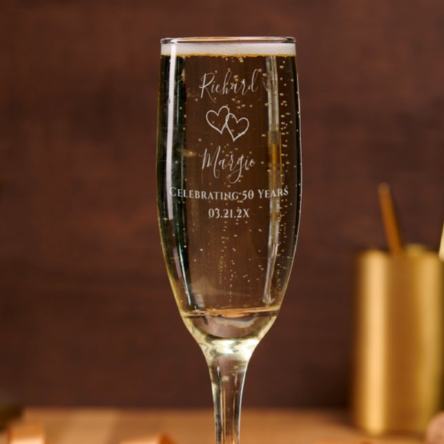 Custom Hand Drawn Hearts 50th Anniversary Keepsake Champagne Flute (Engrave couples names and anniversary date on elegant modern personalized champagne flute gift glass)