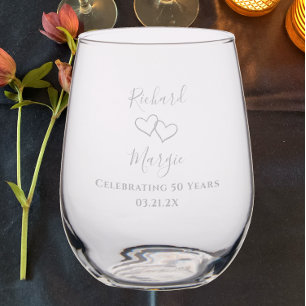 Custom Hand Drawn Hearts 50th Anniversary Keepsake Stemless Wine Glass
