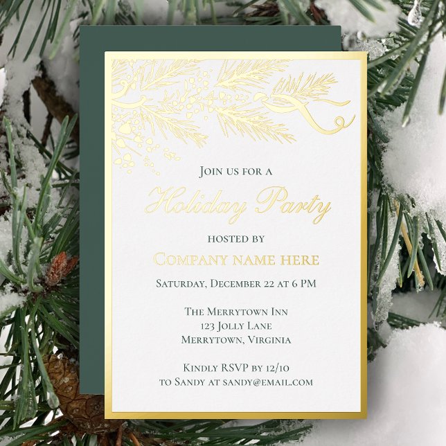 Custom Hand Drawn Pine Business Holiday Party Gold Foil Invitation (Customize this elegant unique gold foil business holiday party invitation. Original stylish card
)