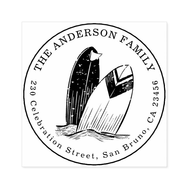 Custom Hand-drawn Surfboards Round Return Address Rubber Stamp (Imprint)