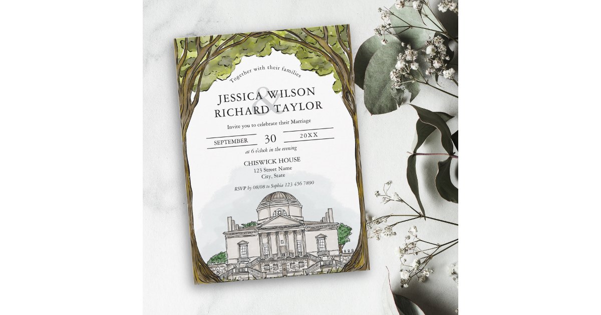 Custom Hand Drawn Venue Illustration Wedding Invit Invitation | Zazzle