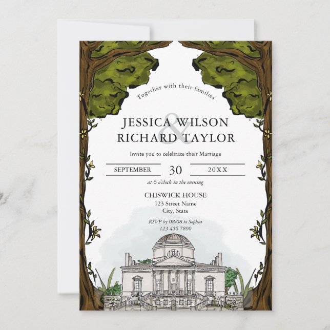 Custom Hand Drawn Venue Illustration Wedding Invitation (Front)