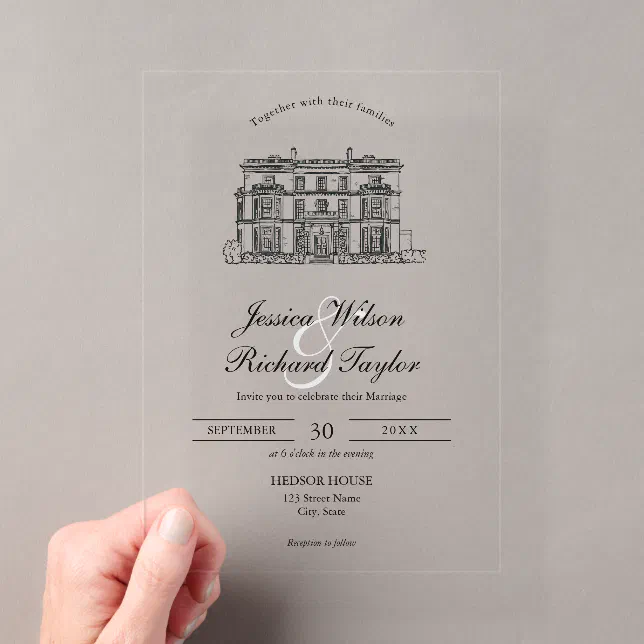 Custom Hand Drawn Venue Manor Illustration Wedding Acrylic Invitations ...