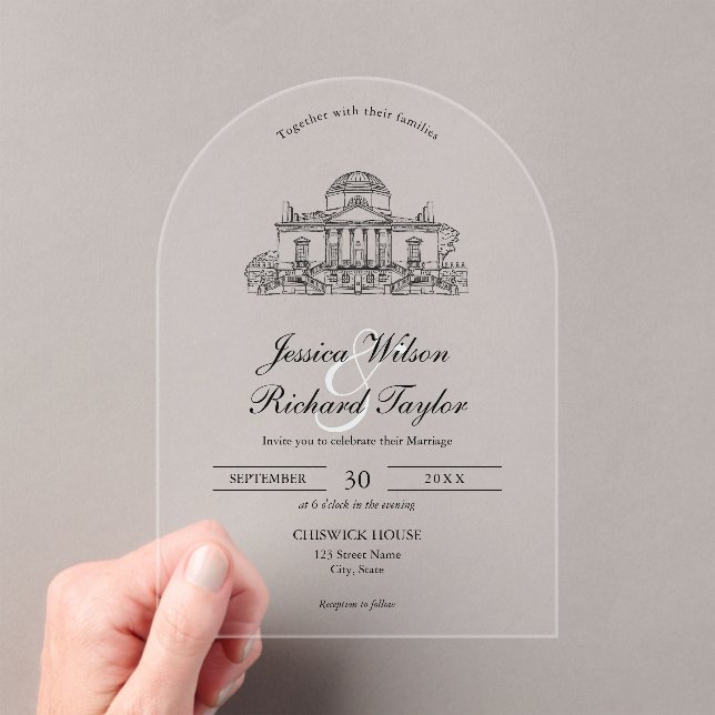 Custom Hand Drawn Venue Manor Illustration Wedding Acrylic Invitations (Insitu (Handheld))