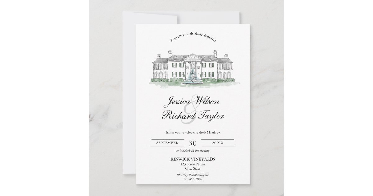 Custom Hand Drawn Venue Manor Illustration Wedding Invitation | Zazzle