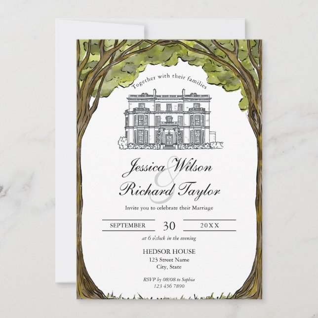 Custom Hand Drawn Venue Manor Illustration Wedding Invitation (Front)