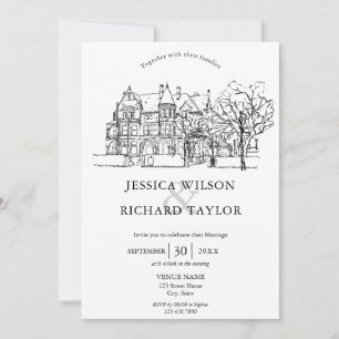 Custom Hand Drawn Venue Manor Illustration Wedding Invitation