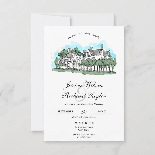 Custom Hand Drawn Venue Manor Illustration Wedding Invitation | Zazzle