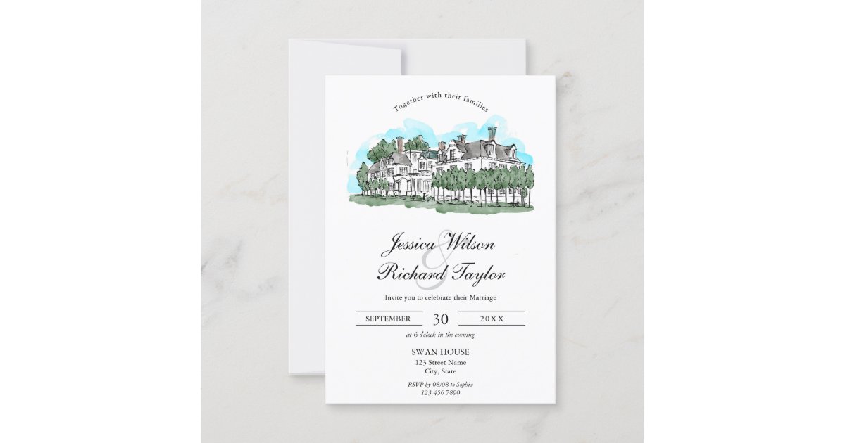 Custom Hand Drawn Venue Manor Illustration Wedding Invitation | Zazzle