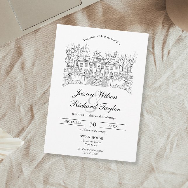 Custom Hand Drawn Venue Manor Illustration Wedding Invitation (custom hand drawn Swan house wedding venue )