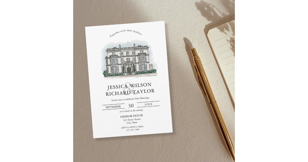 Custom Hand Drawn Venue Manor Illustration Wedding Invitation | Zazzle