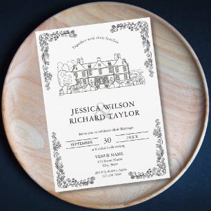 Custom Hand Drawn Venue Manor Illustration Wedding Invitation