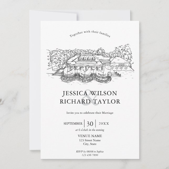 Custom Hand Drawn Venue Manor Illustration Wedding Invitation (Front)