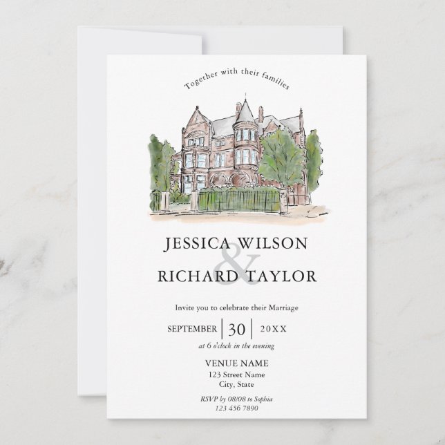 Custom Hand Drawn Venue Manor Illustration Wedding Invitation (Front)