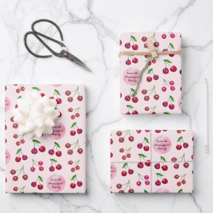 Custom Hand-Illustrated Cherries Pink Red Coquette Wrapping Paper Sheets