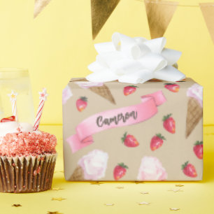 Custom Hand-Illustrated Strawberry Ice Cream Cone Wrapping Paper
