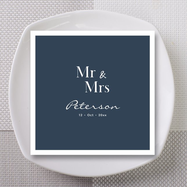 Custom Hand-Lettered Navy Blue Mr and Mrs Wedding Napkins (Personalized navy blue Mr. and Mrs. wedding napkins)