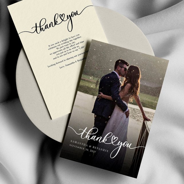 Custom Hand-Lettered Wedding Photo Thank You Note Card (Wedding Photo Script Typography Elegant Thank Note Card)