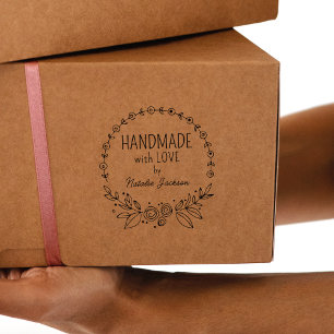 Custom Handmade with love, Floral Rubber Stamp