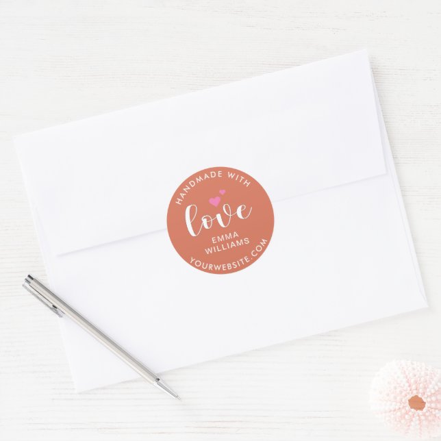 Custom Handmade With Love Heart Terracotta Brown Classic Round Sticker (Envelope)