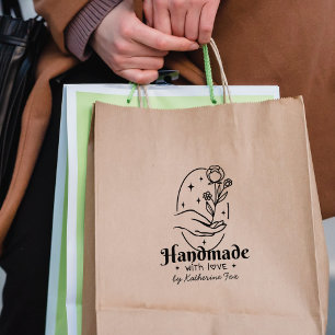 Custom Handmade with love, Modern Hand Wildflower Rubber Stamp