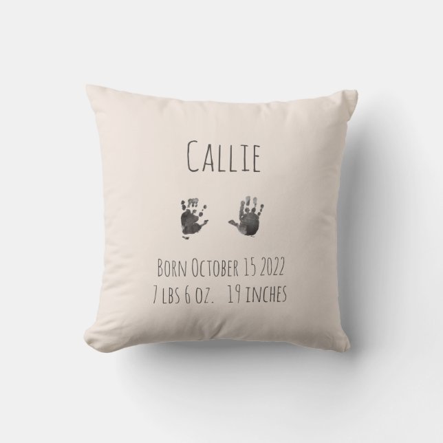 Custom Handprints Baby Birth Stats Throw Pillow (Front)