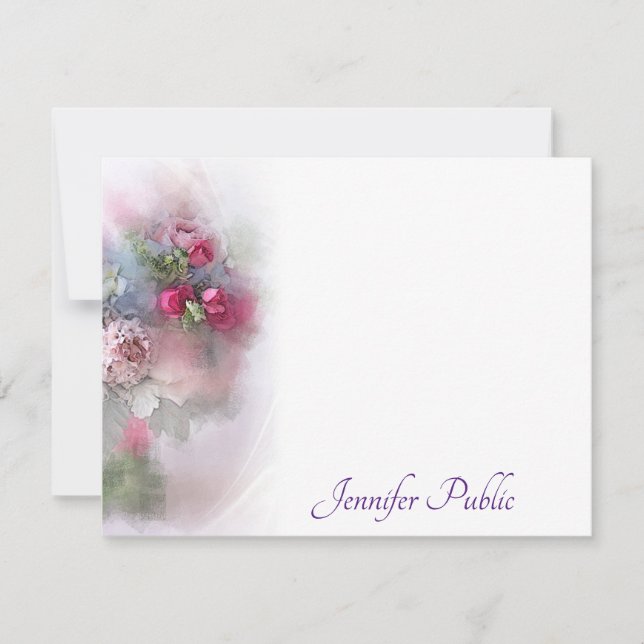 Custom Handwriting Script Name Watercolor Roses Note Card (Front)