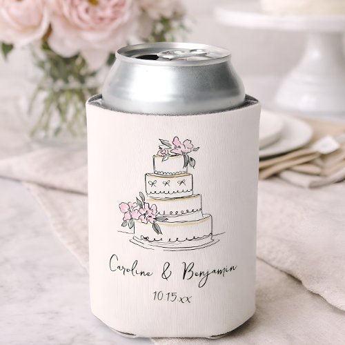 Custom Handwritten Blush Cream Doodle Wedding Cake Can Cooler
