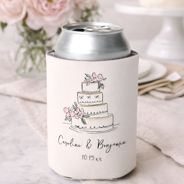 Custom Handwritten Blush Cream Doodle Wedding Cake Can Cooler (Creator Uploaded)