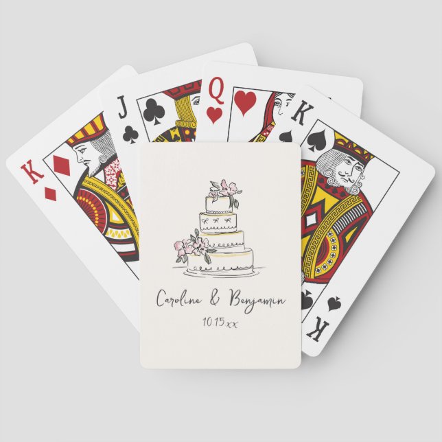 Custom Handwritten Blush Cream Doodle Wedding Cake Poker Cards (Back)