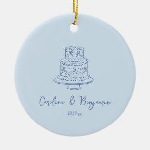 Custom Handwritten Cool Blue Doodle Wedding Cake Ceramic Ornament