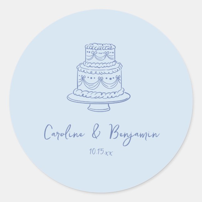 Custom Handwritten Cool Blue Doodle Wedding Cake Classic Round Sticker (Front)