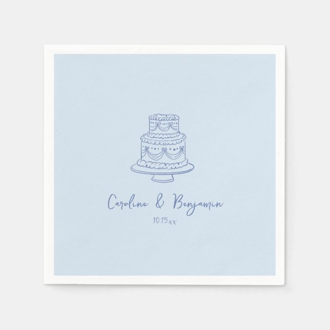 Custom Handwritten Cool Blue Doodle Wedding Cake Napkins (Front)