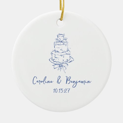 Custom Handwritten French Blue Doodle Wedding Cake Ceramic Ornament