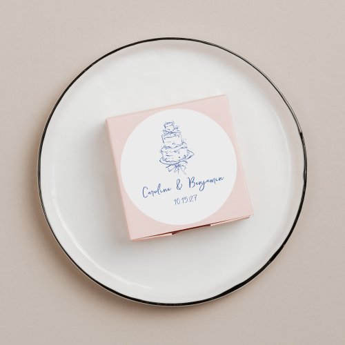 Custom Handwritten French Blue Doodle Wedding Cake Classic Round Sticker